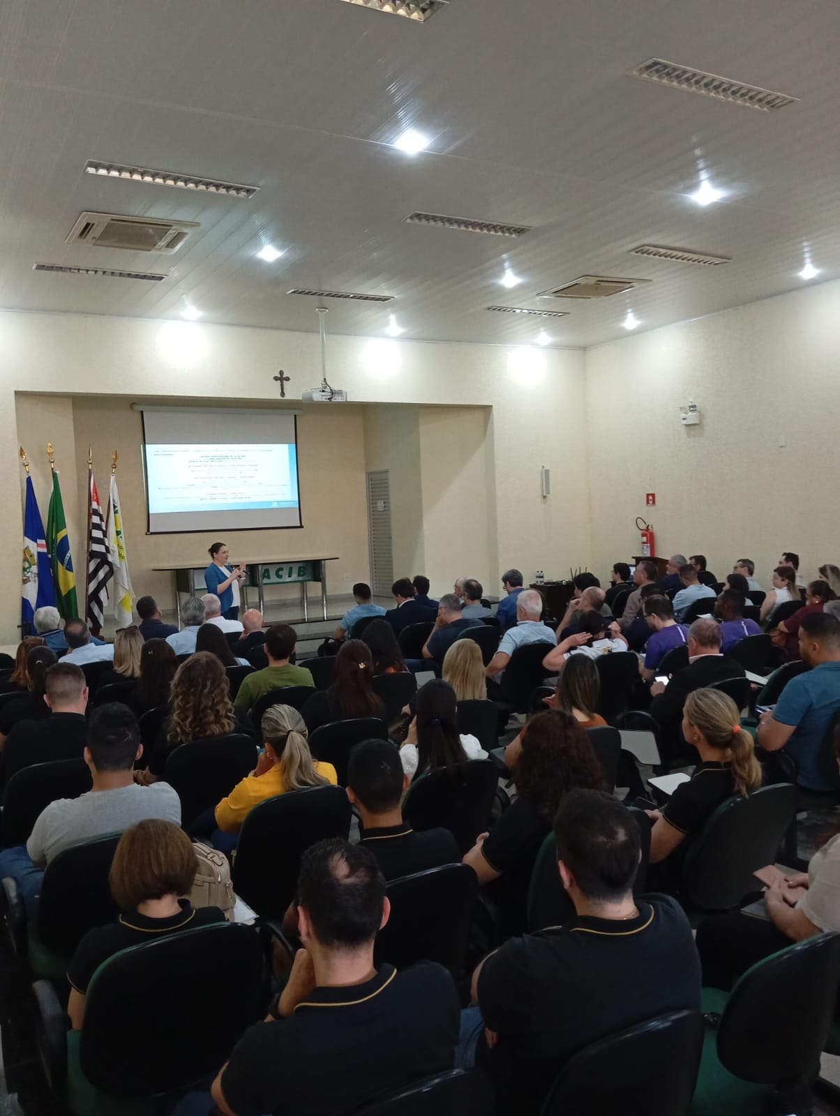 Prof.ª Danieli Aragão palestrando com bandeiras ao fundo — ACIB · Birigui/SP · nov 2025